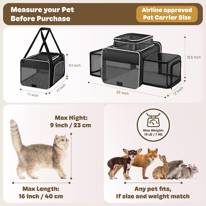 Top and 2 Sides Expandable Pet Carrier 17x11x9.5, TSA Airline Approved Small - Image 4
