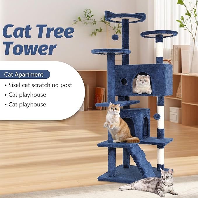 FDW | 54" Cat Tree Tower | Dark Blue | Multi-Level Indoor Activity Center - Image 2