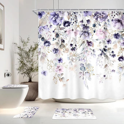 4 PCS Purple Floral Flower Shower Curtain Set 72Wx72H Inch Watercolor Pastel by Ufeela