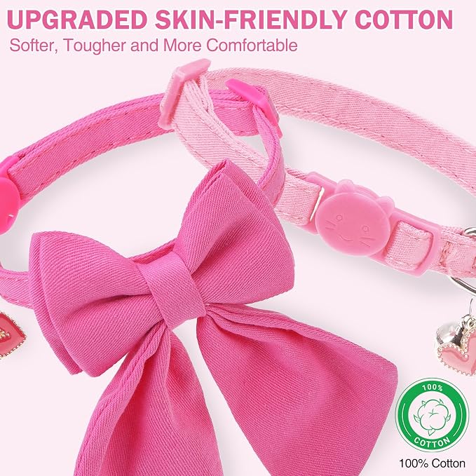 Cat Collar Breakaway with Bells, Soft Pure Cotton Pink Cat Bowtie Collar - Image 2
