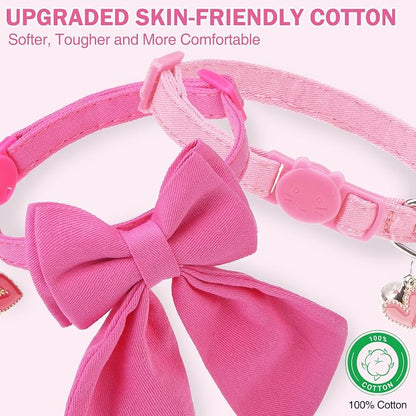 Cat Collar Breakaway with Bells, Soft Pure Cotton Pink Cat Bowtie Collar - Image 2