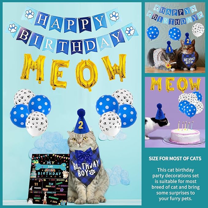 Cat Kitten Birthday Bandanas Cat Birthdays Party Supplies Party Hat Boy - Image 7