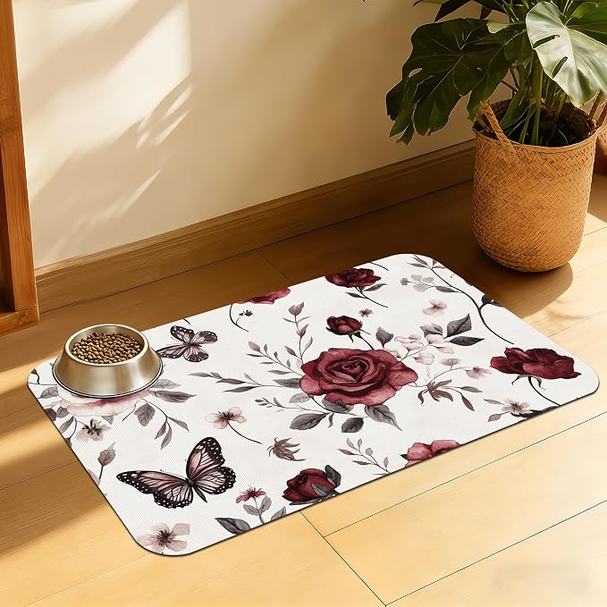 Vintage Flower Butterfly Dog Cat Food Mat, Absorbent Feeding Placemat, by QSOQSO