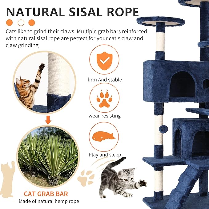 BestPet | 54" Cat Tree Tower | Navy Blue | Sturdy, Hanging Cat Toys, - Image 4