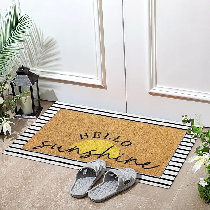 Tinideya 2 Pcs Summer Sunshine Door Mat Yellow Welcome Non Slip Coir Mats - Image 5