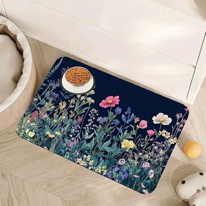 Wildflower Spring Floral Dog Cat Food Mat, Garden Flowers Absorbent Pet Feeding by Unknown