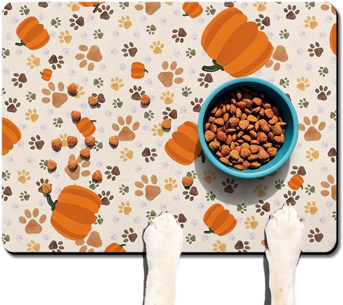 Fall Pumpkin Dog Food & Water Mat, Paw Prints Autumn Pet Feeding Mat - Image 6
