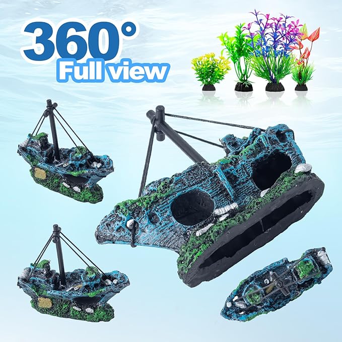 8Pcs Fish Tank Decorations Set Sunken Ship Decoration, Resin Material Fish Tank - Image 6
