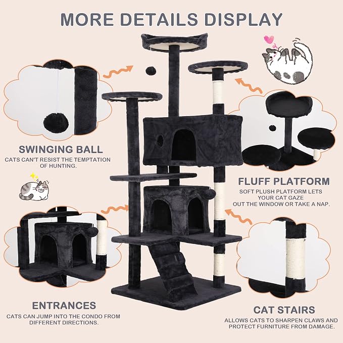 Heavy Duty Cat Tree Tower, Cat Condo, Hanging Ball, Dark Grey - Image 4