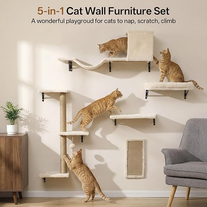 MEWANG 5-in-1 Cat Wall Shelves: Cat Climbing Furniture - Image 3