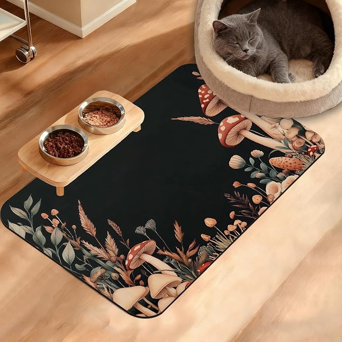 Vintage Mushroom Dog Food Mat, Leaf Absorbent Pet Feeding Mat by Unknown
