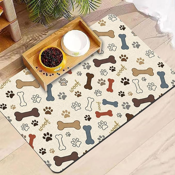 Dog Feeding Mat 20 x 12 Inch, Neutral Paw Bone Woof Dog Placemat Absorbent - Image 7