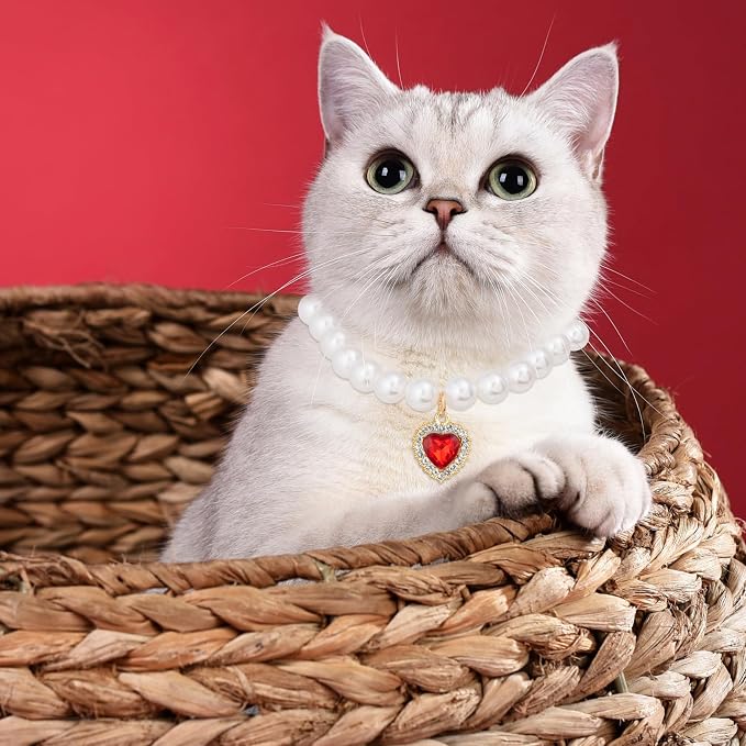 2pcs Pearl Collar for Cat Puppy, Small Cute Heart Shape Rhinestone Pet Necklace - Image 7