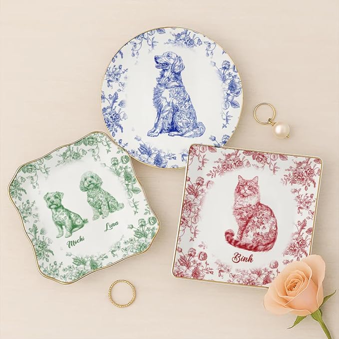 Custom Dog Cat Breed Jewelry Dish, Toile De Jouy Pet Ring Dish, Personalized - Image 2