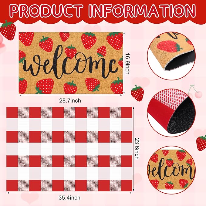 Tinideya 2 Pcs Strawberry Door Mat Fruit Pattern Design Welcome Non Slip Coir - Image 2