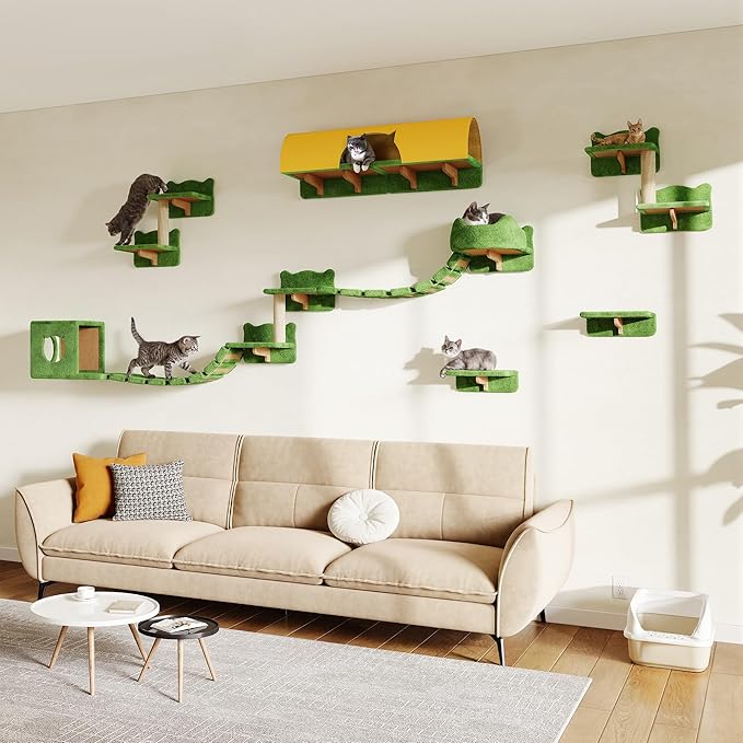 16-in-1 Cat Wall Shelves, Wall Mounted Cats Furniture Set w/Plush Fabric by Homiflex
