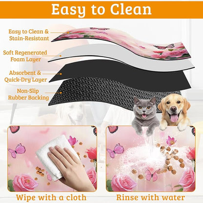 Rose Pink Dog Cat Food Mat, Butterfly Absorbent Waterproof Placemat - Image 5