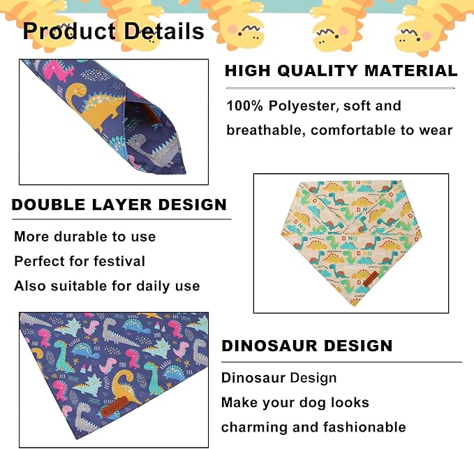 ADOGGYGO Dinosaur Dog Bandanas 2 Pack, Reversible Colorful Animal Pet Scarf - Image 5