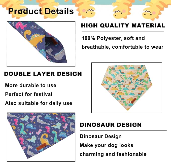 ADOGGYGO Dinosaur Dog Bandanas 2 Pack, Reversible Colorful Animal Pet Scarf - Image 5