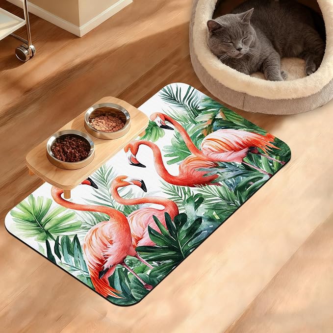 Pink Flamingo Dog Food Mat, Plam Leaves Absorbent Pet Feeding Mat by Unknown