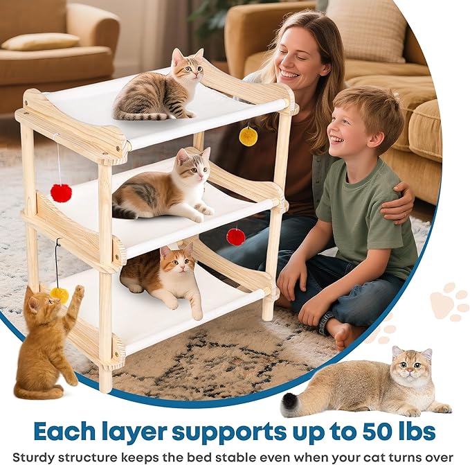 Large 3-Layer Cat Hammock Bed, Breathable Washable Covers, Wooden Pet Furniture - Image 5