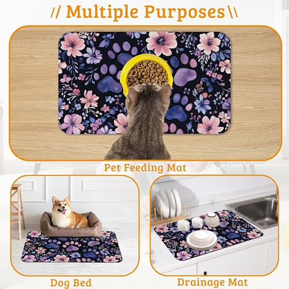 Paw Print Dog Food Mat, Watercolor Flower Absorbent Pet Feeding Mat - Image 7