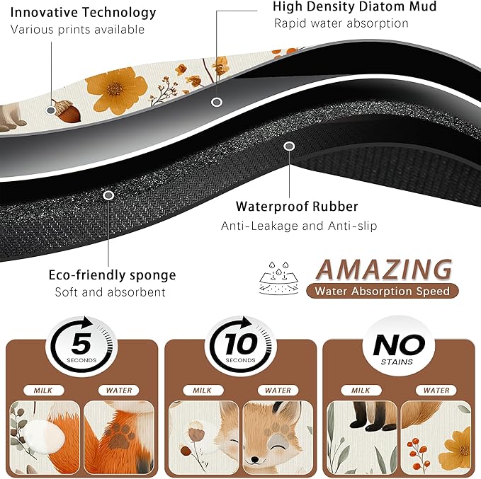 Fox Hedgehog Rabbit Forest Dog Cat Food Mat, Absorbent Pet Feeding Mat - Image 3