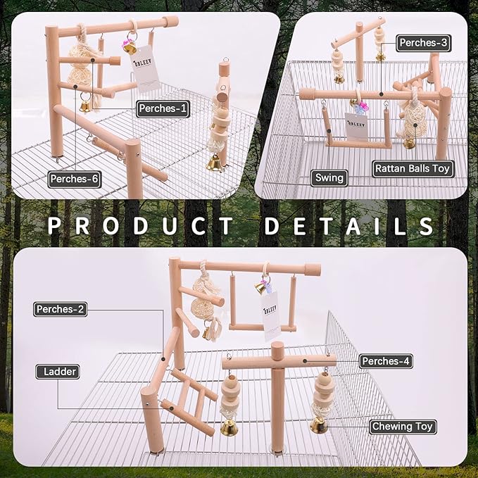 QBLEEV Bird Cage Play Stand Toy Set-Birdcage Wood Stands Hanging Chew Toys - Image 4