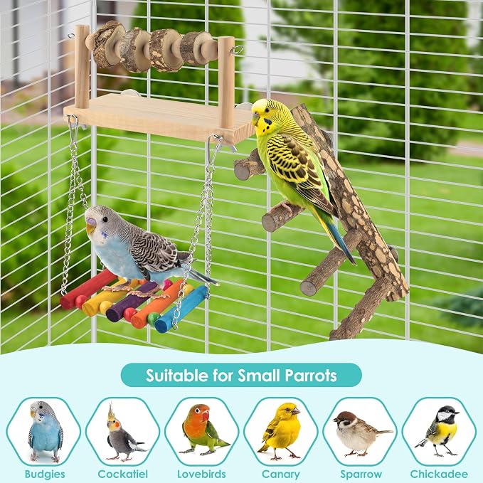 4 Pcs Bird Perch with Swing, Parrot Perches Platform with Chew Blocks, Natural - Image 6