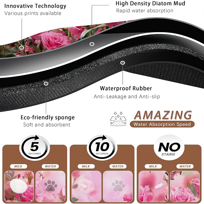 Rose Pink Dog Cat Food Mat, Butterfly Absorbent Pet Feeding Mat - Image 3