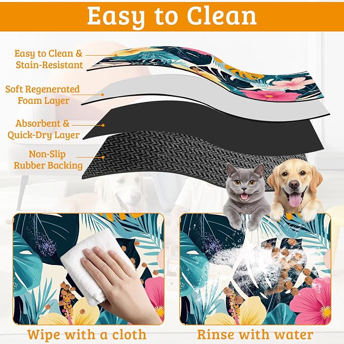 Tropical Palm Dog Food Mat, Exotic Leaves Floral Absorbent Pet Feeding Mat - Image 5