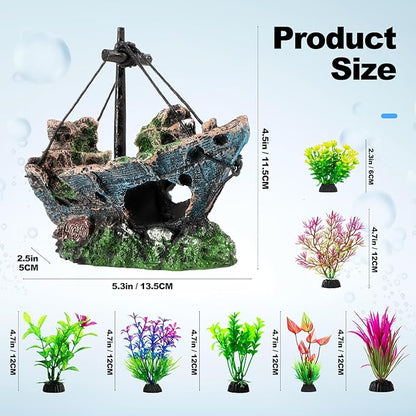 8Pcs Fish Tank Decorations Set Sunken Ship Decoration, Resin Material Fish Tank - Image 2