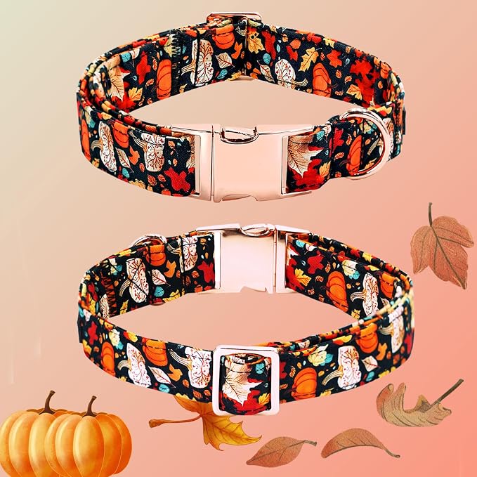 Fall Dog Collar, Leaf Pumpkin Print Adjustable Pet Collar Cute Cotton Soft - Image 4