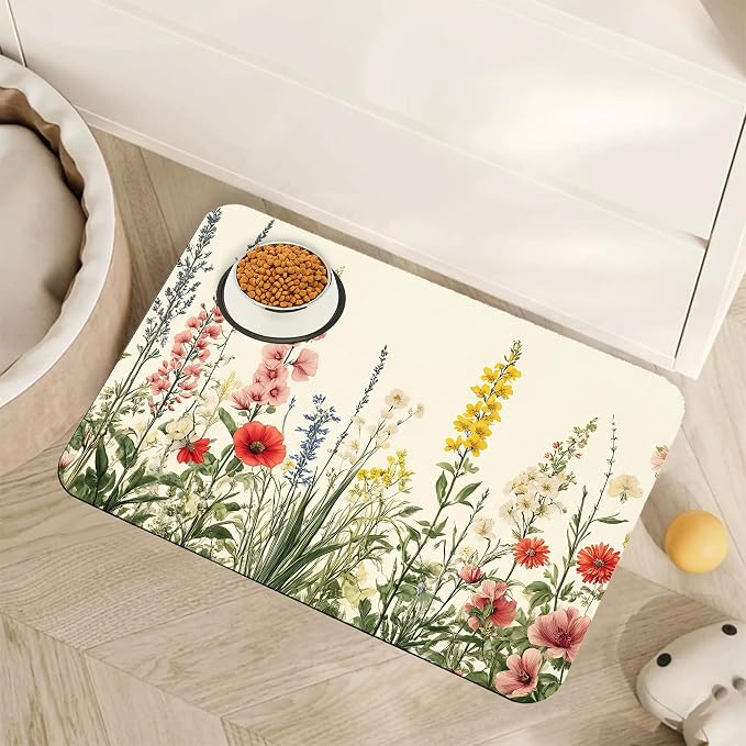 Vintage Flower Botanical Garden Dog Cat Food Mat, Absorbent Pet Feeding Mat by Unknown