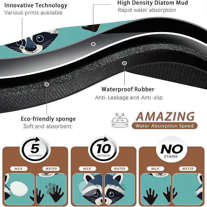 Cute Raccoon Dog Food Mat for Floors, Absorbent Pet Food and Water Bowl Mats - Image 3