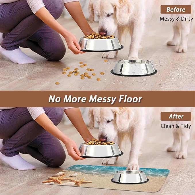 Beach Starfish Dog Food Mat for Floors, Cute Seashell Absorbent Pet Food and - Image 5