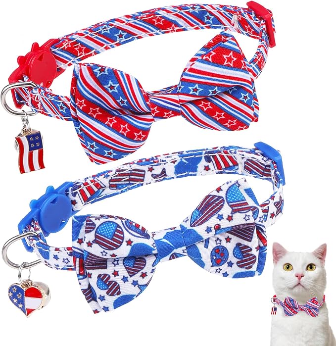 American Flag Cat Collar with Bell Bow Tie Star Breakaway by DILLYBUD