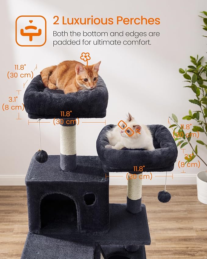 Feandrea Cat Tree, 66.1-Inch Large Cat Tower, 2 Perches, 2 Caves, Smoky Gray - Image 4