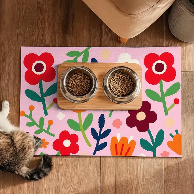 Pet Feedings Mats 20x12 inch Floral Print Pet Bowl Placemat Non Slip Mat - Image 5
