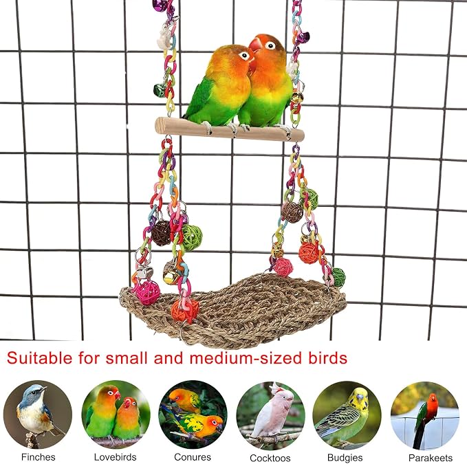 Bird Swing Toys with Wood Perch, Seagrass Woven Parrot Platform Bird Climbing - Image 3