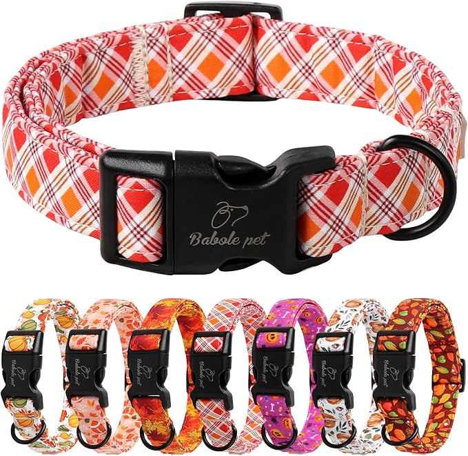 Fall Dog Collar, Fall Orange and Red Plaid Puppy Collar, Adjustable Cotton by Babolepet