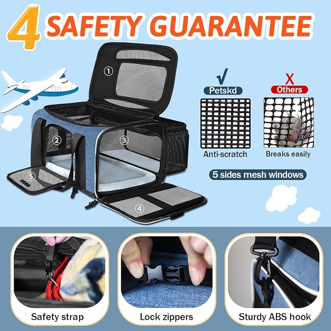Petskd Top and Side Expandable Pet Carrier 17x12x8.5 Inches JetBlue Frontier - Image 5