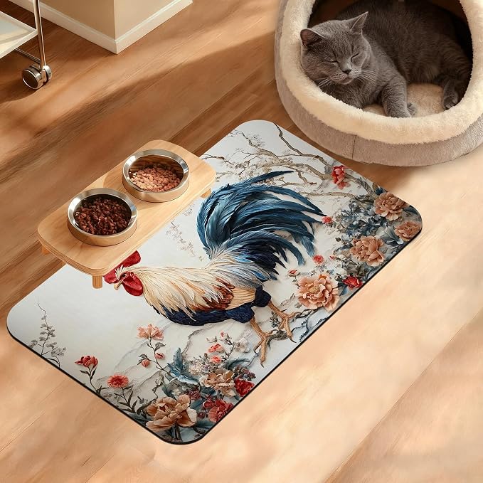 Dog Bowl Mat, Chicken Painting Pet Feeding Mat by Unknown