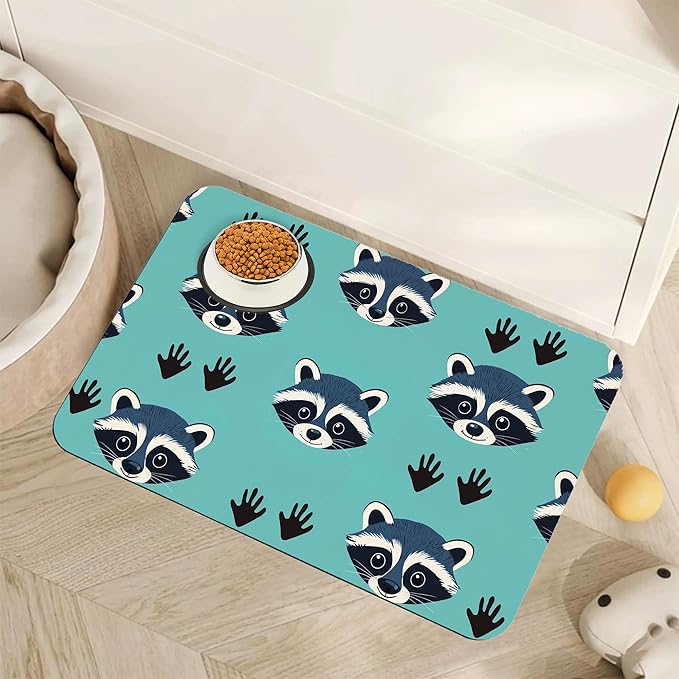 Cute Raccoon Dog Food Mat for Floors, Absorbent Pet Food and Water Bowl Mats by Unknown