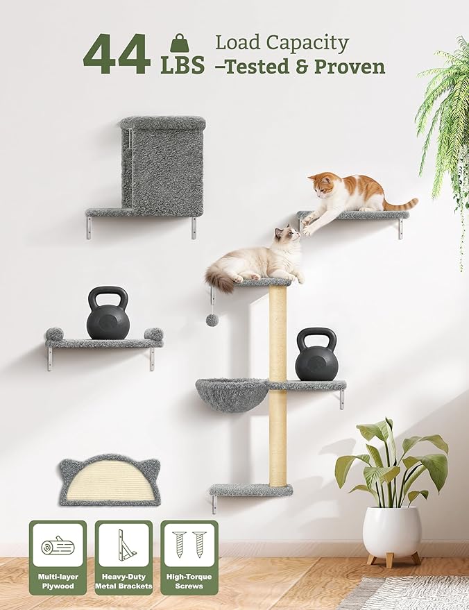 5-in-1 Cat Wall Shelves, Solid Wood & Velvet & Sisal Scratcher, 44lbs Max Load - Image 4
