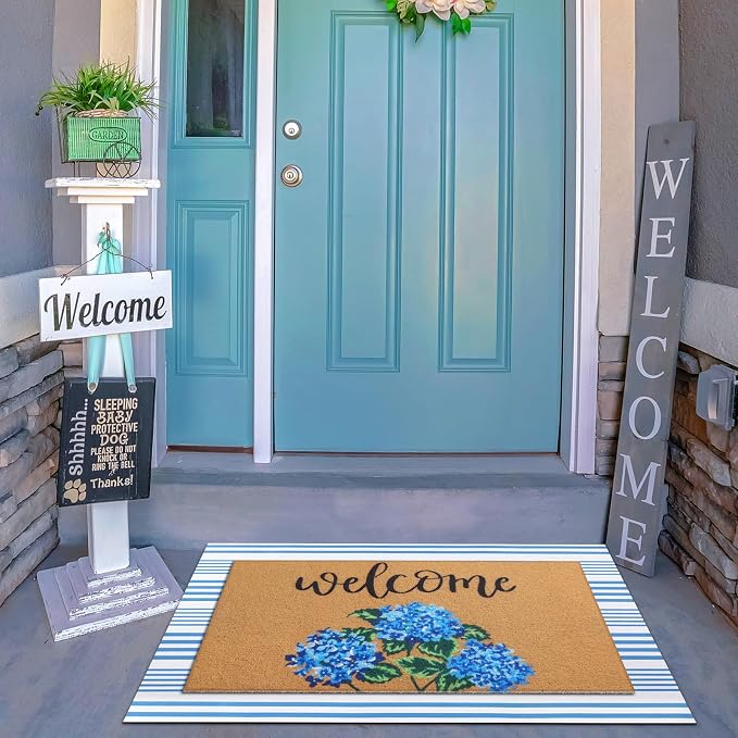 Tinideya 2 Pcs Hydrangea Door Mat Blue and White Stripe Welcome Non Slip Flower - Image 7