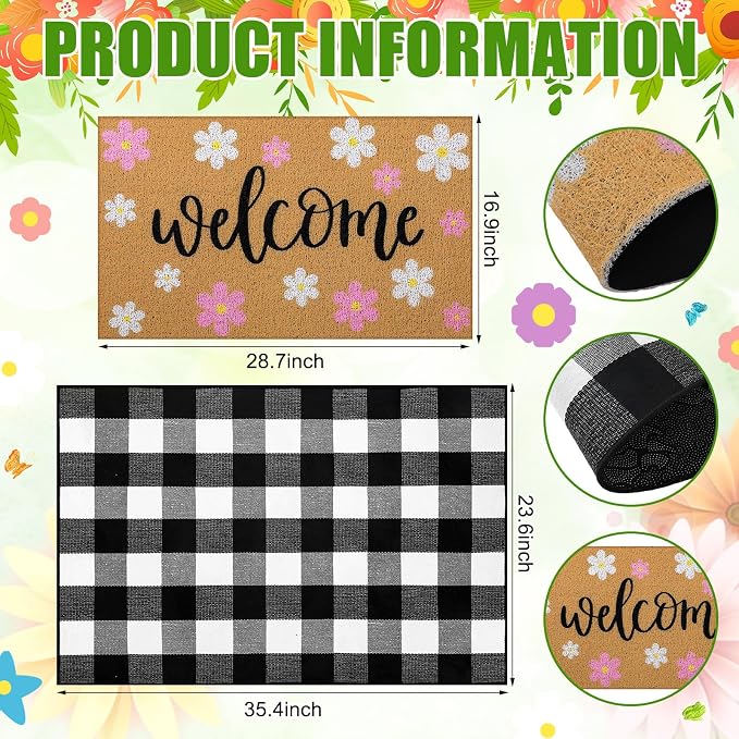 Tinideya 2 Pcs Spring Welcome Door Mat Outdoor Pink Flower Doormats - Image 2