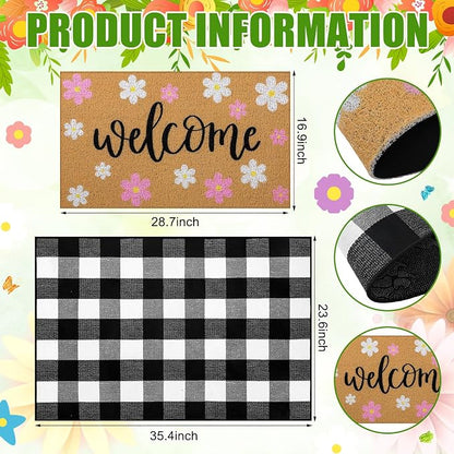 Tinideya 2 Pcs Spring Welcome Door Mat Outdoor Pink Flower Doormats - Image 2