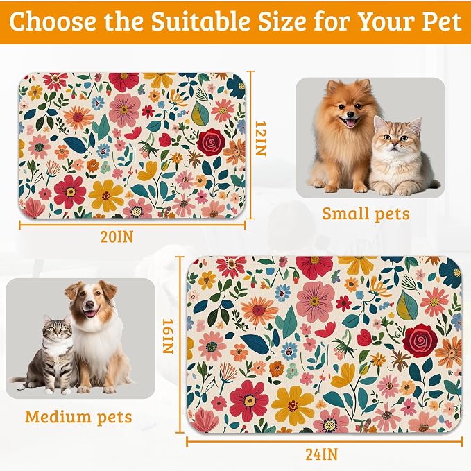 Colorful Flower Feeding Mat, Groovy Wildflowers Absorbent Quick-Dry Cat Dog - Image 6