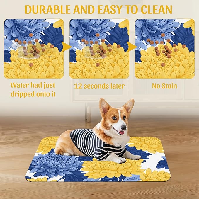 Blue Yellow Flowers Pet Feeding Mat, Quick Dry Absorbent Water Bowl Mat - Image 5